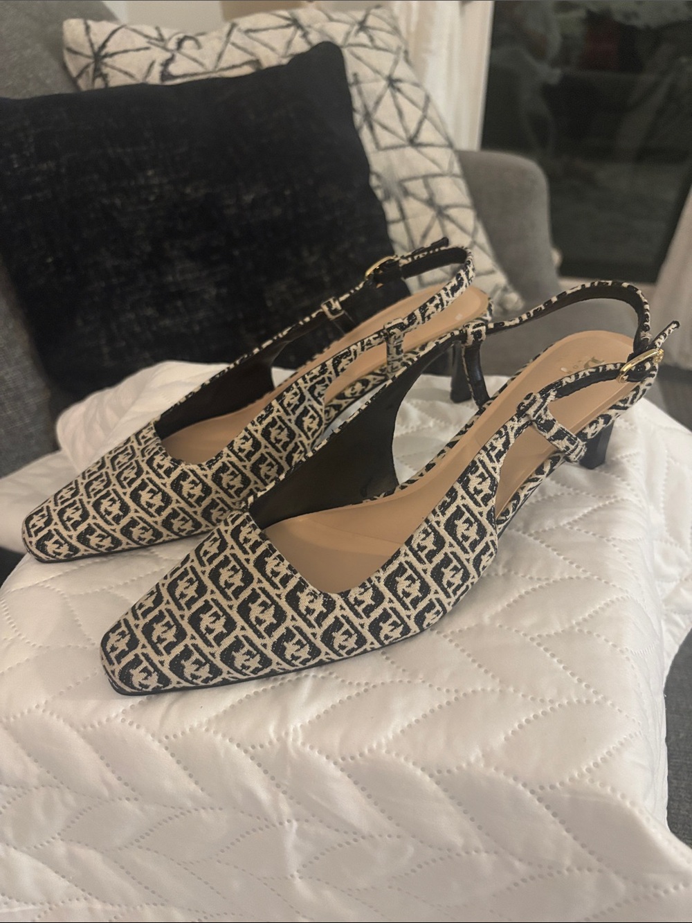 Dune London Beige and Black Monogram Slingback Heels